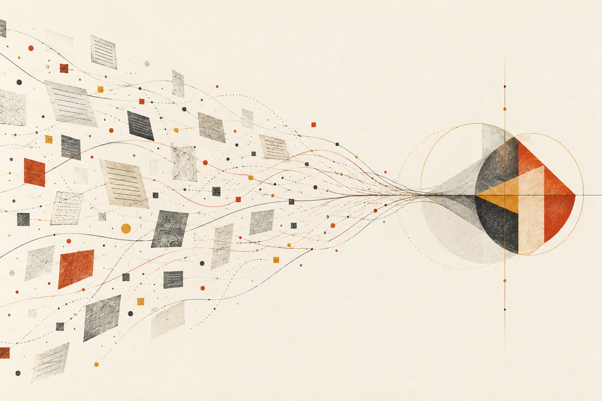Abstract streams of research and evidence converging into a clear decision